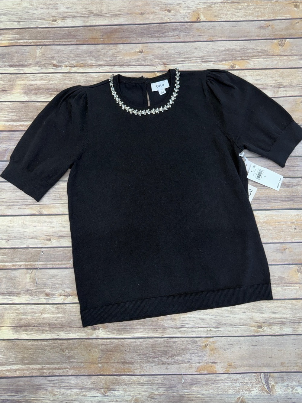 CeCe Women's Embellished Neck Trim Short Sleeve Sweater Top black size S